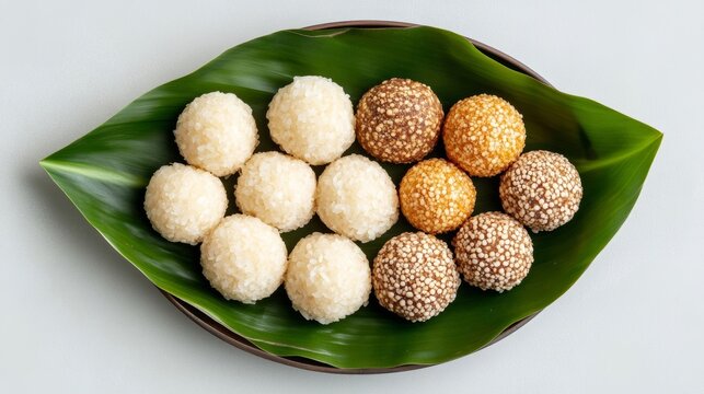 Traditional sweets like tilgul ladoos and chikkis arranged on a banana leaf, symbolizing the harvest and sharing of sweets for Makar Sankranti 