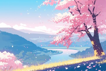 A misty valley in early spring where delicate cherry blossoms bloom on branche