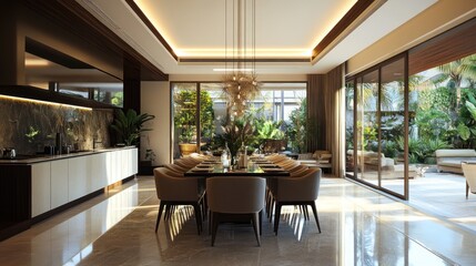 Modern Dining Room with Large Windows and Patio Views