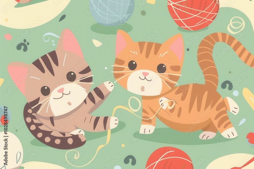 Poster two adorable cats are joyfully playing with vibrant balls and yarn in a bright, cheerful environment