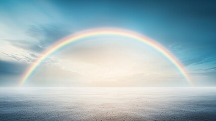 Bright rainbow over a rural landscape after a rainstorm, colorful weather, hope and renewal