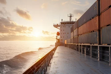 A cargo ship navigates through calm waters at sunset, loaded with colorful containers under a beautiful sky.