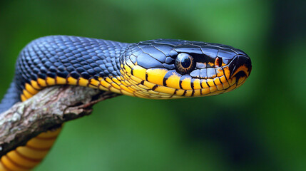 Fototapeta premium A beautiful black and yellow striped snake resting on a branch