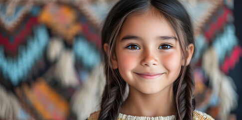 Fototapeta premium Portrait of smiling girl wearing native American traditional Indian jewelry and clothes isolated on white background