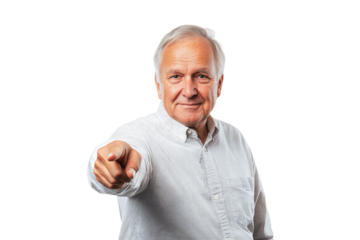 Portrait of an elderly man pointing forward with a welcoming gesture on a transparent background