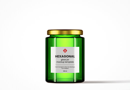 Green Glass Hexagonal Jar Mockup