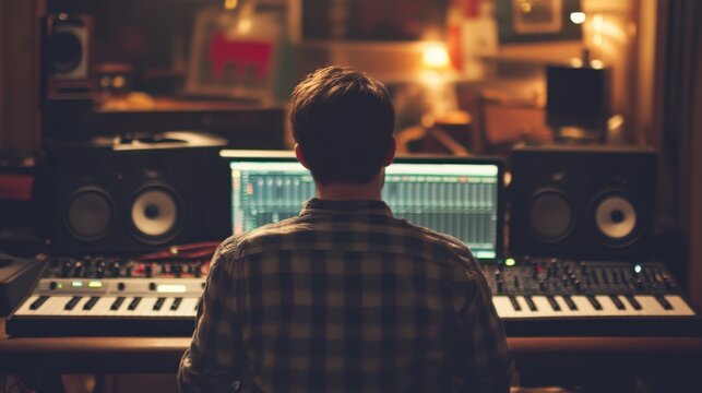 A producer layering vocals over a track while adjusting controls in a creative workspace