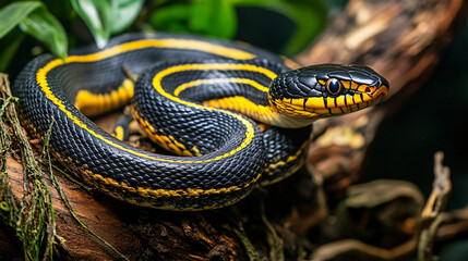 Fototapeta premium A beautiful black and yellow striped snake resting on a branch