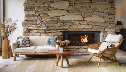 Sofa and chair by the fireplace in the wild stone cladding wall. The mid-century home interior design
