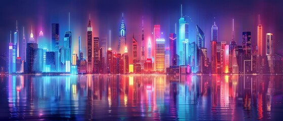 Vibrant City Skyline with Colorful Lights at Night