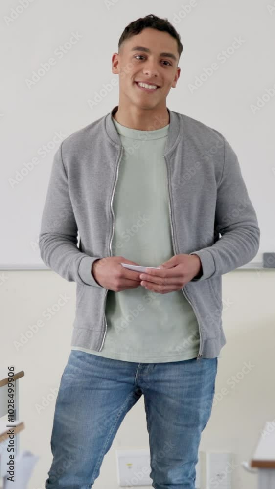 Poster education, presentation and smile of student man laughing in classroom of college for speech. lectur