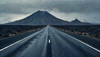 Route vers le volcan sous ciel nuageux