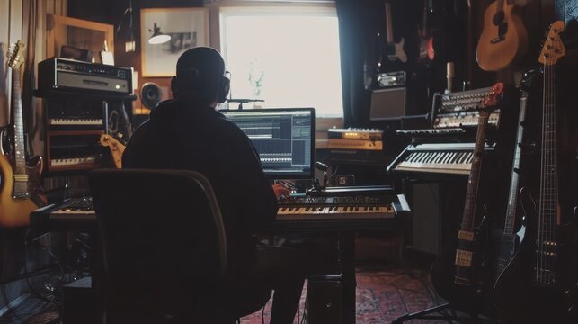 A creative music studio with guitars, keyboards, and a producer crafting a new song on a laptop