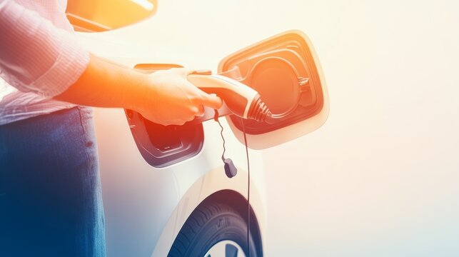 A person charging an electric vehicle, showcasing modern technology and the shift towards sustainable energy solutions.