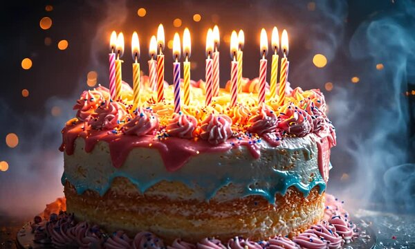 A colorful birthday cake with candles surrounded by sparks.
