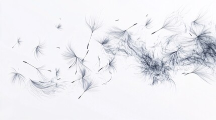 2410_074.abstract drawing of dandelion flowers, seeds scattering in the breeze, with fine lines and soft curves, capturing the ephemeral nature of the moment as the seeds float gracefully, designed