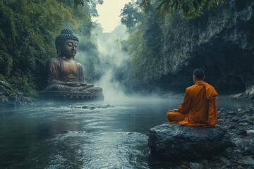 Obraz premium A monk meditating by a tranquil river in a dense forest with soft mist rising from the water