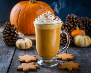 Warm Seasonal Beverage with Whipped Cream and Cinnamon in a Glass Mug. Pumpkin Spice Latter.