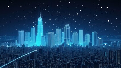 Naklejka premium Futuristic city skyline with glowing outlines of skyscrapers and falling snow, creating a wintery and modern urban scene
