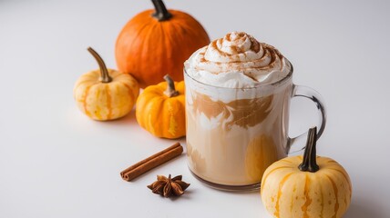 Cozy Fall Beverage Setup with Pumpkins and Cinnamon Accents
