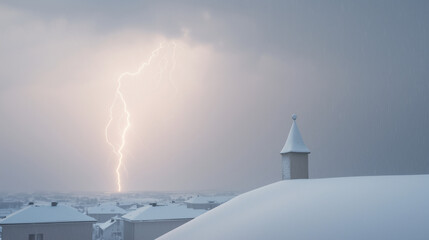 Rare thunder snowstorm with lightning illuminating snowy rooftops photo
