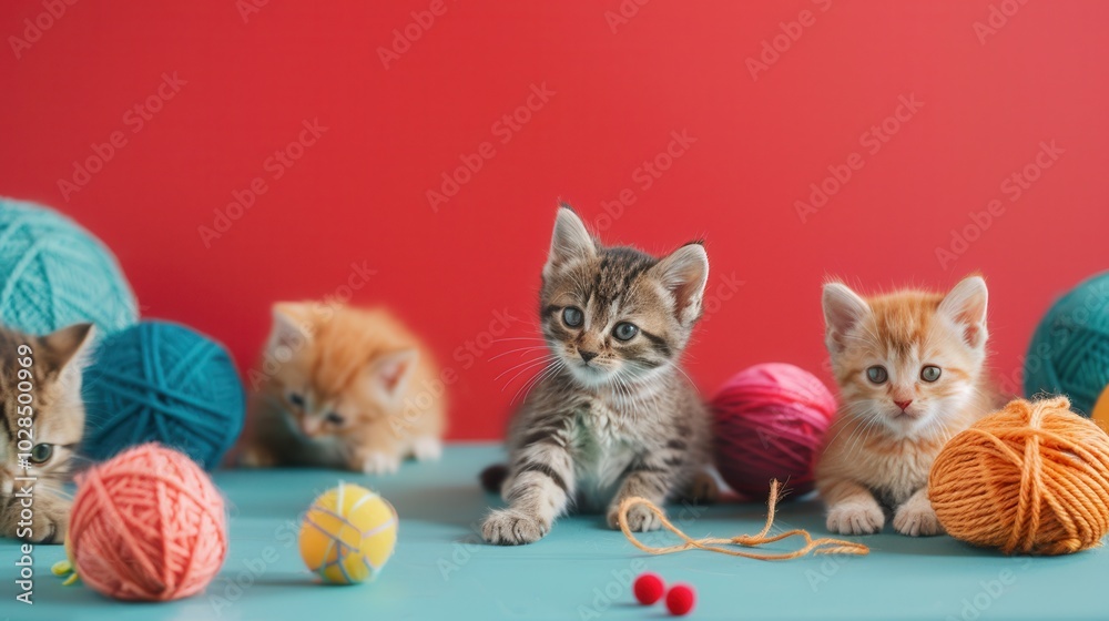 Poster playful kittens explore colorful yarn and toys, enjoying an entertaining afternoon filled with curio