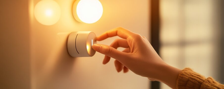A hand adjusting a light dimmer switch, enhancing the ambiance in a cozy room with warm lighting.