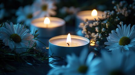 a peaceful memorial ceremony with candles and flowers, symbolizing remembrance and respect for loved ones lost
