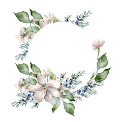 Jasmine pink flowers and juniper branch watercolor circle frame isolated. Floral arrangement on wreath in soft tones in botanical style hand drawn. Blooms and coniferous for wedding, Christmas card.