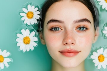 Woman with daisies in water beauty spa relaxation skincare