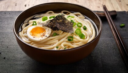 濃厚なだし汁に手打ちうどんを盛り、トリュフオイル、すりおろしトリュフ、ネギを飾った半熟卵をトッピング。