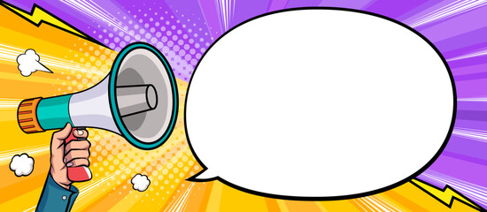 Hand holds megaphone bullhorn in retro pop art comic style  Loudspeaker Business banner © comicstocks