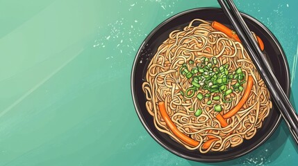 A bowl of stir-fried noodles garnished with green onions and carrots, served with chopsticks.