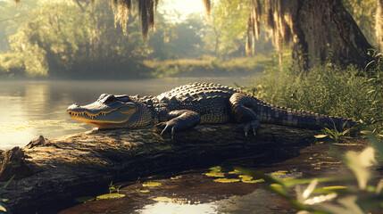 Obraz premium A beautiful alligator sunning itself on a log