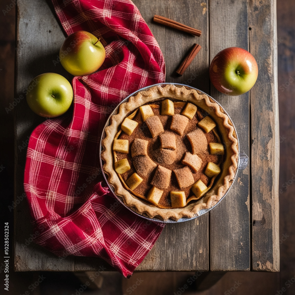 Poster apple pie with cinnamon on a wooden table with a red cloth, top view