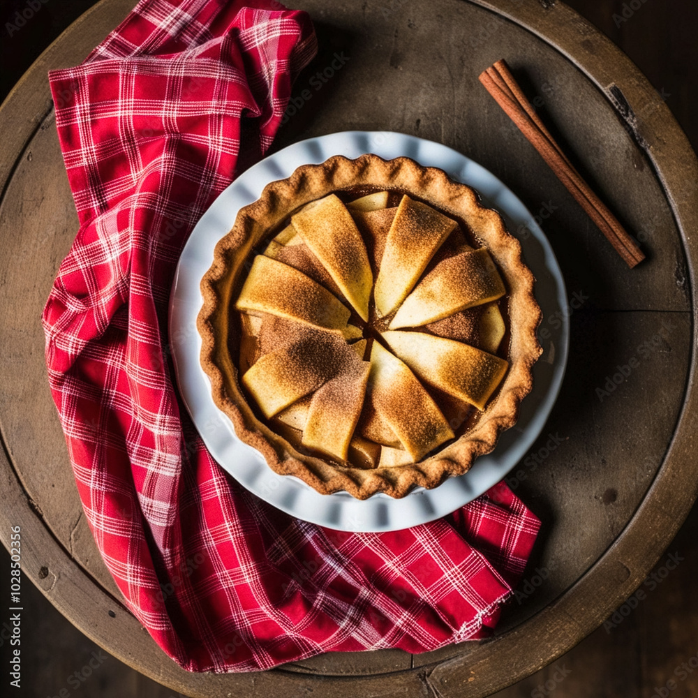 Poster apple pie with cinnamon on a wooden table with a red cloth, top view