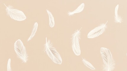 White feathers scattered on a light brown background.