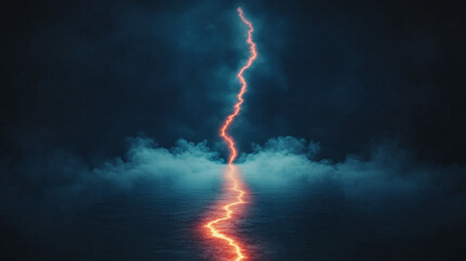 Fototapeta premium A single bolt of lightning strikes down through the clouds and into a dark, misty landscape.