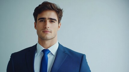 Professional business man wearing blue office suit with soft blue background. Generated AI
