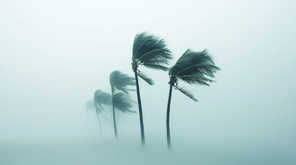 Obraz premium Gale-force winds bending palm trees during a tropical storm, extreme weather, powerful wind