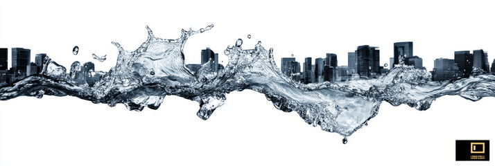 Obraz premium Silhouette of a city skyline emerging from a splash of water, creating an abstract and watery urban landscape.
