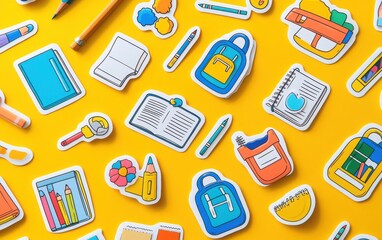 Fototapeta premium A cheerful icon set of school bag stickers, showcasing an assortment of fun designs such as notebooks, crayons, backpacks