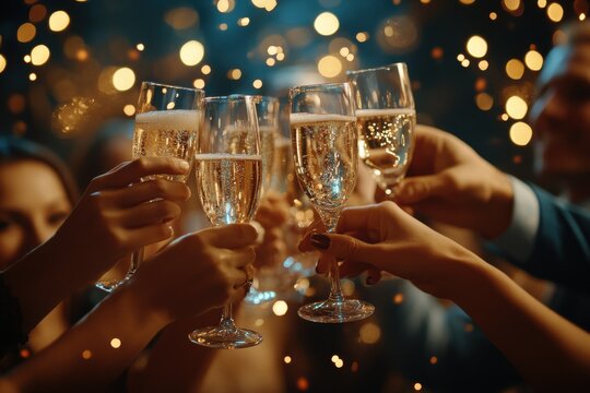 A celebration with toasting glasses raised high, sparkling lights creating a festive atmosphere perfect for joyful moments.