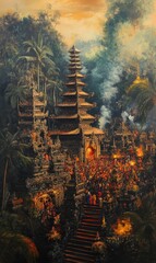 Obraz premium A Balinese temple with many people gathered.