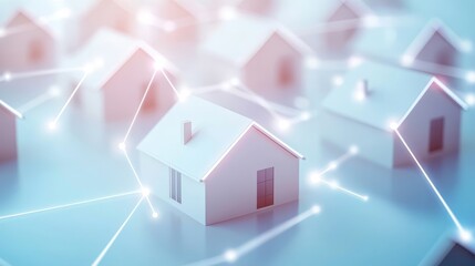 Modern digital houses connected through a network, symbolizing technology and innovation in real estate development.
