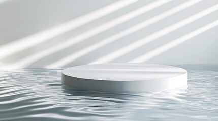 2410_005.white round podium sitting on still, clear water with natural waves and light reflections, shadows softly interacting with the surface, calm and serene environment, minimalist design,