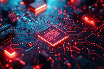Fototapeta premium Futuristic AI Computer Chip with Neon Circuits