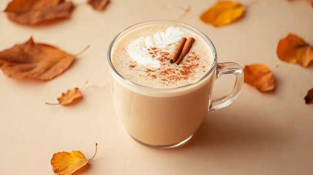 A chai latte with a sprinkle of cinnamon on top, served in a glass cup with a handle, isolated against a muted beige background with abstract leaves