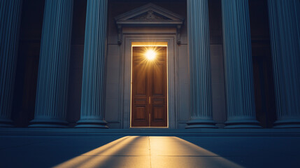 A courthouse door partially open, with warm light seeping through, symbolizing access to justice