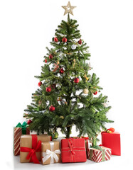 Christmas tree with Christmas ornaments and Christmas gifts beside it. isolated on white background